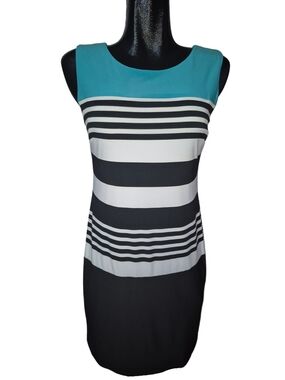 Ronni Nicole Sleeveless Teal, Black And White Colorblock Striped Sheath Dress 6